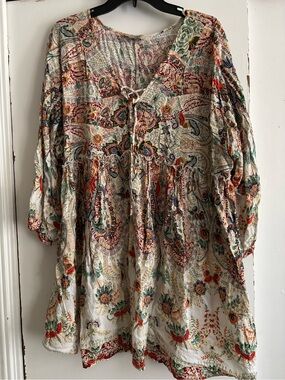 Boho Paisley Tie-Front Tunic - Cream Multi